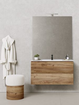 Meuble Suspendu Cairo 2 tiroirs mélaminé Roble Gold avec simple vasque intégrée onyx en céramique blanc