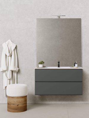 Meuble Suspendu Cairo 2 tiroirs mélaminé Anthracite avec simple vasque intégrée onyx en céramique blanc