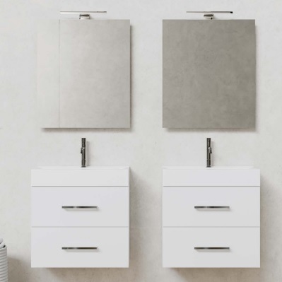 Pack Meuble Suspendu Duni 60cm Blanc Brillant avec vasque Delta et miroir Sydney