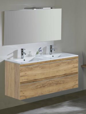 Meuble Suspendu Ona 4 tiroirs Chêne avec double vasque en céramique intégrée Bois