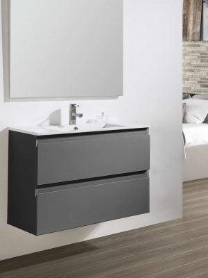 Meuble Suspendu Ibiza 2 tiroirs Gris Anthracite brillant avec vasque en céramique intégrée blanc brillant