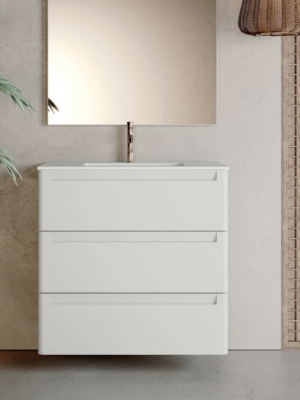 Meuble Suspendu Round 3 tiroirs Blanc PVC avec vasque intégrée Cosmos en céramique blanc