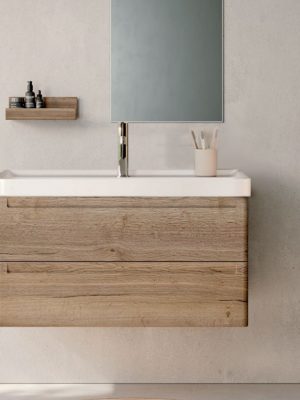 Meuble Suspendu Round 2 tiroirs Tabac avec vasque intégrée Cosmos en céramique blanc